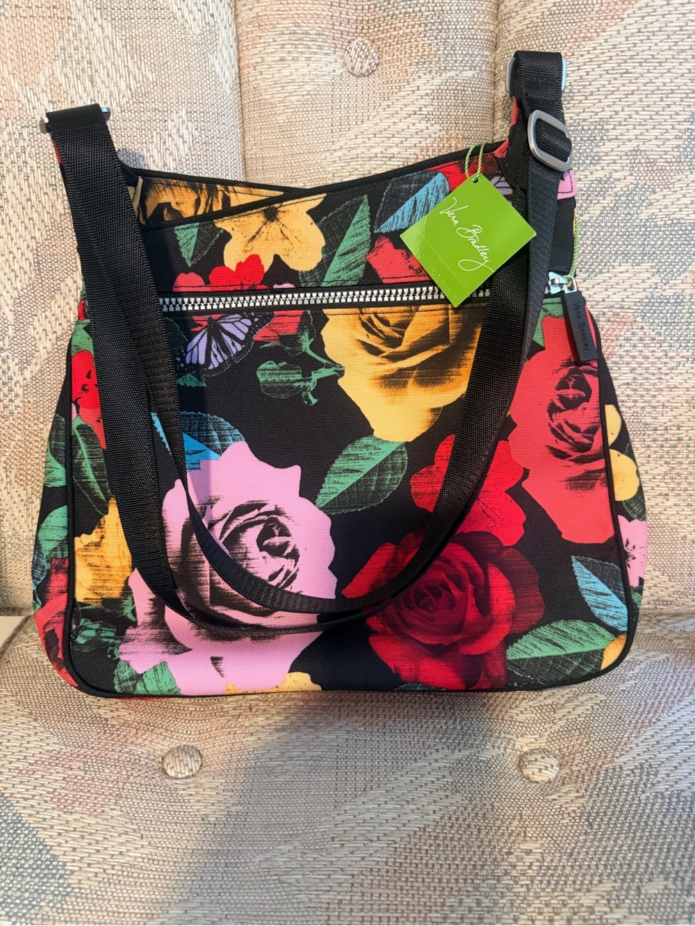 Vera Bradley Black Multi Floral Shoulder Bag with Bold Roses